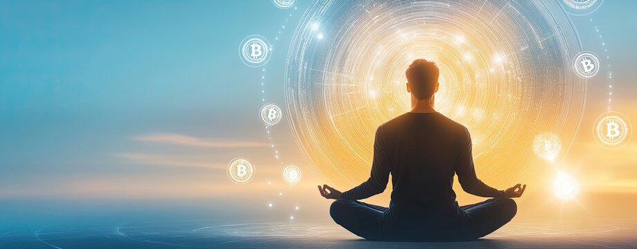 Futuristic Bitcoin economy A person meditating in a serene environment, surrounded by glowing energy symbols of wealth and abundance.