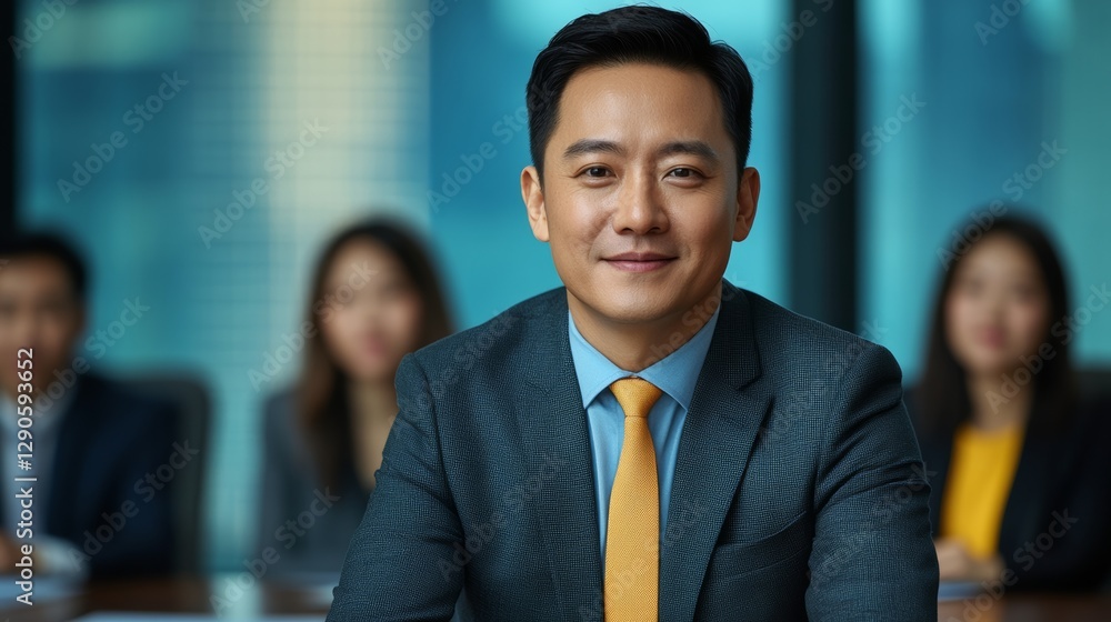 Poster man in a suit and tie is smiling at the camera. he is surrounded by other people in suits and ties. 