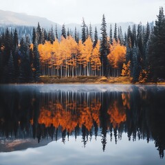 Obraz premium Sunlight falls on scarlet leaves in peaceful forest setting