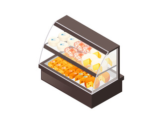 Isometric cheese display refrigerator. Various cheese types arranged on shelves. Small price tags. Temperature-controlled shelf. Fresh dairy products. Grocery store section. Vector illustration