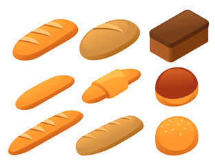 Isometric vector illustration. Bread and bakery products collection. Various shaped loaves and buns. Baguettes, rolls, round bread. Brown crusty breads. Wheat bakery items. Different bread types