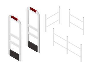 Isometric collection. Security gates and retail anti-theft systems. Store entrance sensors. Electronic article surveillance equipment. Shop entrance security barriers. Vector illustration