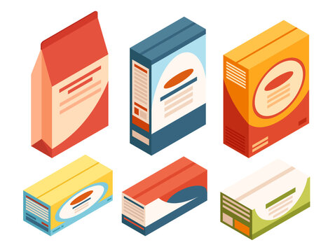 Packaged food boxes in various colors. Red, blue, orange, yellow rectangular packages. Cereal boxes. Grocery product containers. Cardboard food packaging. Isometric set. Vector illustration