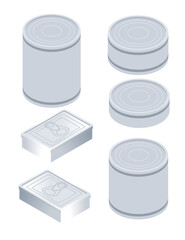 Isometric food packaging elements. Canned goods. Rectangular boxes. Cylindrical containers. Top and side perspectives. Preserved food. Storage items. Various shapes. Products mockup. Vector set