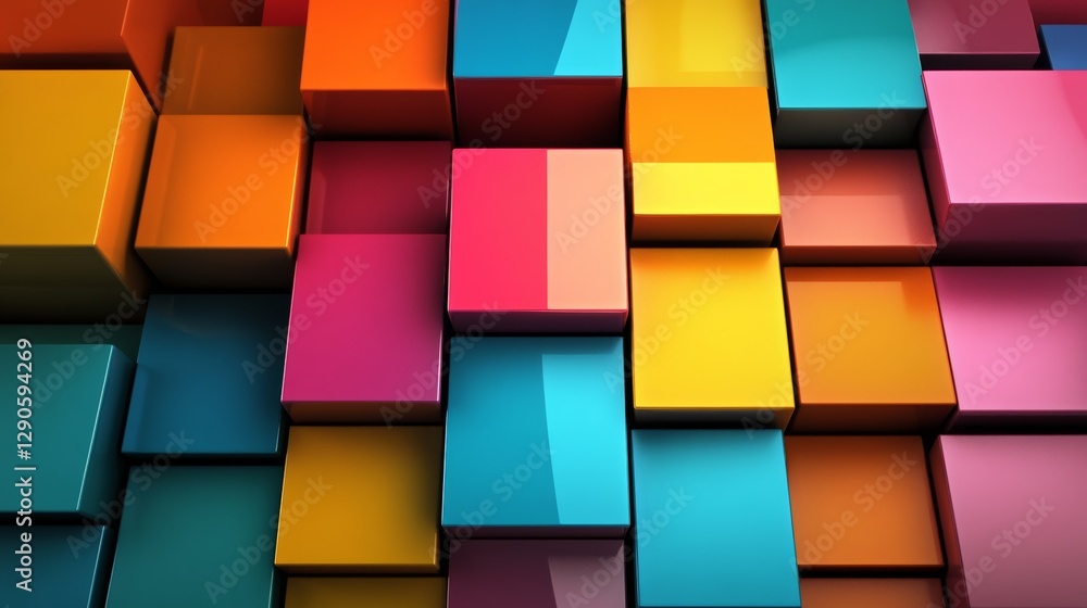 Poster colorful wall of blocks with a blue square in the middle. the blocks are arranged in a way that crea