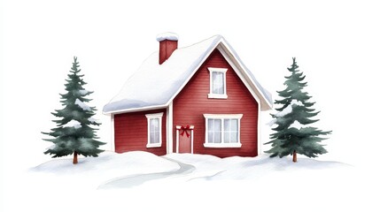 Watercolor Painting of a Cozy Red Winter House, Christmas Concept, Snow-Covered Roof, Fir Trees, Winter Wonderland Scene. Christmas Cottage, Winter House