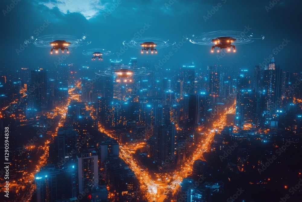 Poster futuristic city skyline illuminated by hovering drones at night creating a captivating urban scene