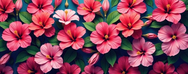 Intricate hibiscus blossoms seamlessly repeat across vibrant background , yellow, green