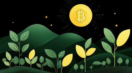 Futuristic Bitcoin economy An illustration of a golden Bitcoin surrounded by vibrant green plants and a mountainous backdrop at night.
