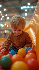 Toddler Plays with Colorful Balls in Indoor Play Area