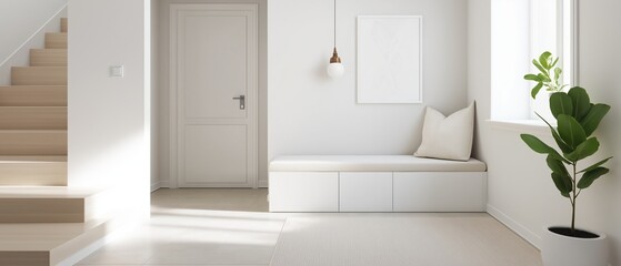 Modern and minimalistic entryway with a white color scheme. the floor is made of light-colored tiles, and the walls are painted white.