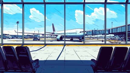 Airplane at airport gate viewed from terminal seating area