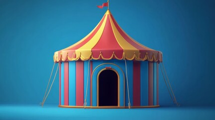 3D Render Striped Circus Tent on Blue Background, Carnival, Fairytale Circus Tent, 3D Render