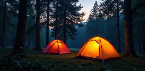 Two tents nestled in a tranquil forest at dusk, bathed in soft light , orange, serene, fire