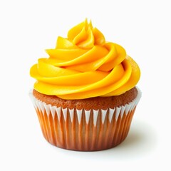 Vanilla cupcake with yellow whipped cream frosting isolated on white background.