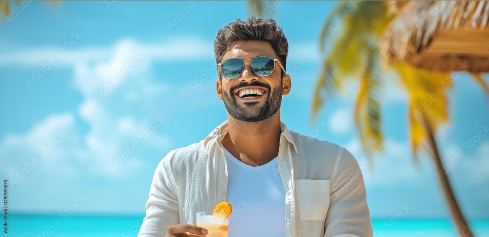 Poster man is smiling and holding a drink in front of a palm tree. concept of relaxation and enjoyment, as 