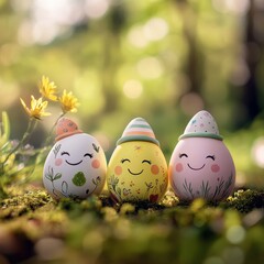 Handpainted Easter eggs with faces nature setting pastel colors