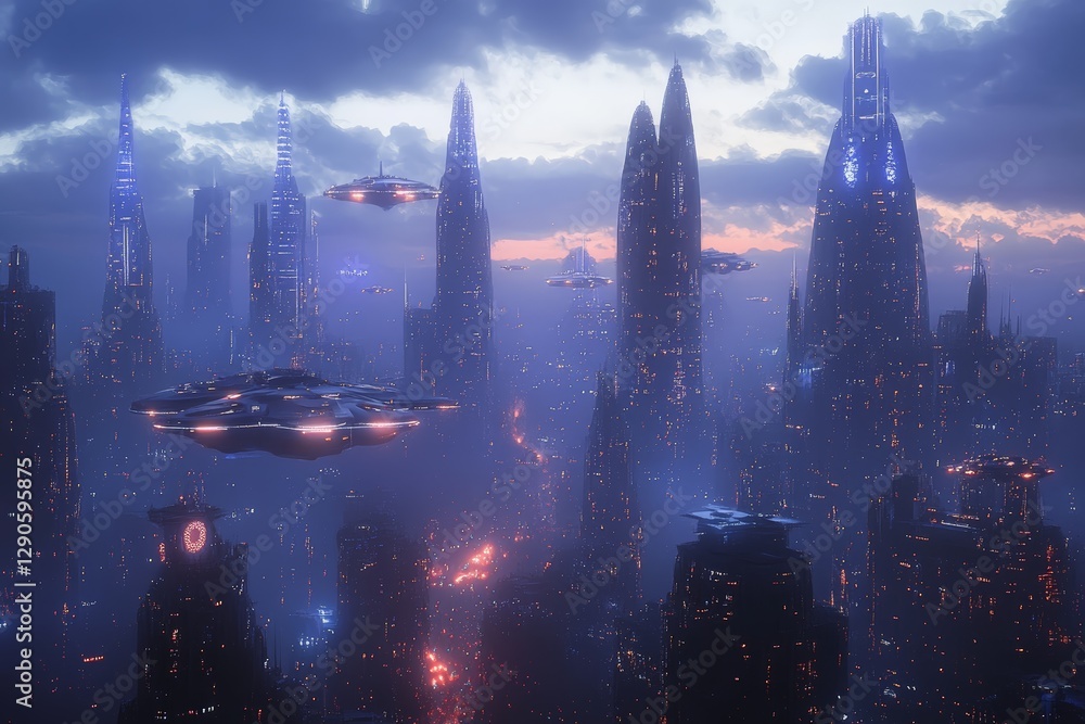 Poster Futuristic city skyline with hovering spacecraft during dusk in a sci-fi atmosphere