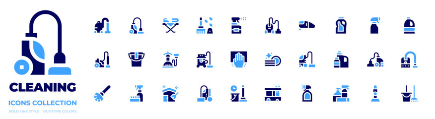 Cleaning icon collection. Bold style. Duotone colors. disinfectant, cleaner, toilet brush, cleaning, cleaning service, bottle, broom, cleaning spray