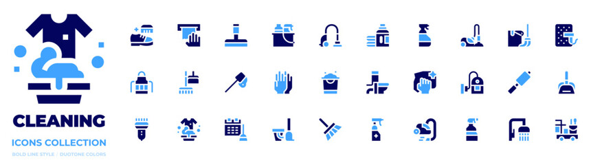 Cleaning icon collection. Bold style. Duotone colors. window cleaner, mattress, glass cleaner, toilet, cleaning spray, detergent, broom, brush, wipe