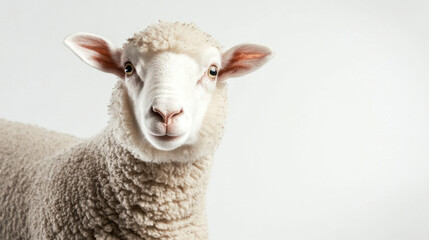 Obraz premium Cute sheep looking at camera with friendly expression, showcasing its fluffy wool and bright eyes. This charming animal brings joy and warmth to any setting