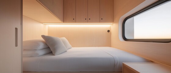Modern and minimalist bedroom with a single bed in the center. the bed is made up with white linens and two white pillows. on the left side of the bed, there is a wooden nightstand with a lamp on top.