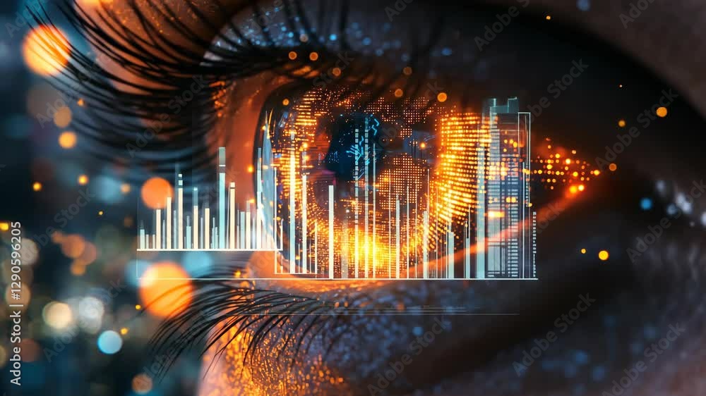 Poster close-up view of an eye reflecting digital data visualization amidst a backdrop of vibrant lights