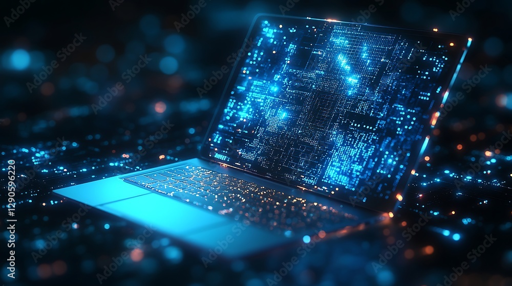 Poster futuristic laptop with data visualizations, a futuristic laptop with glowing graphics and data visua