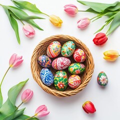 Vibrant handpainted Easter eggs in basket with tulip flowers