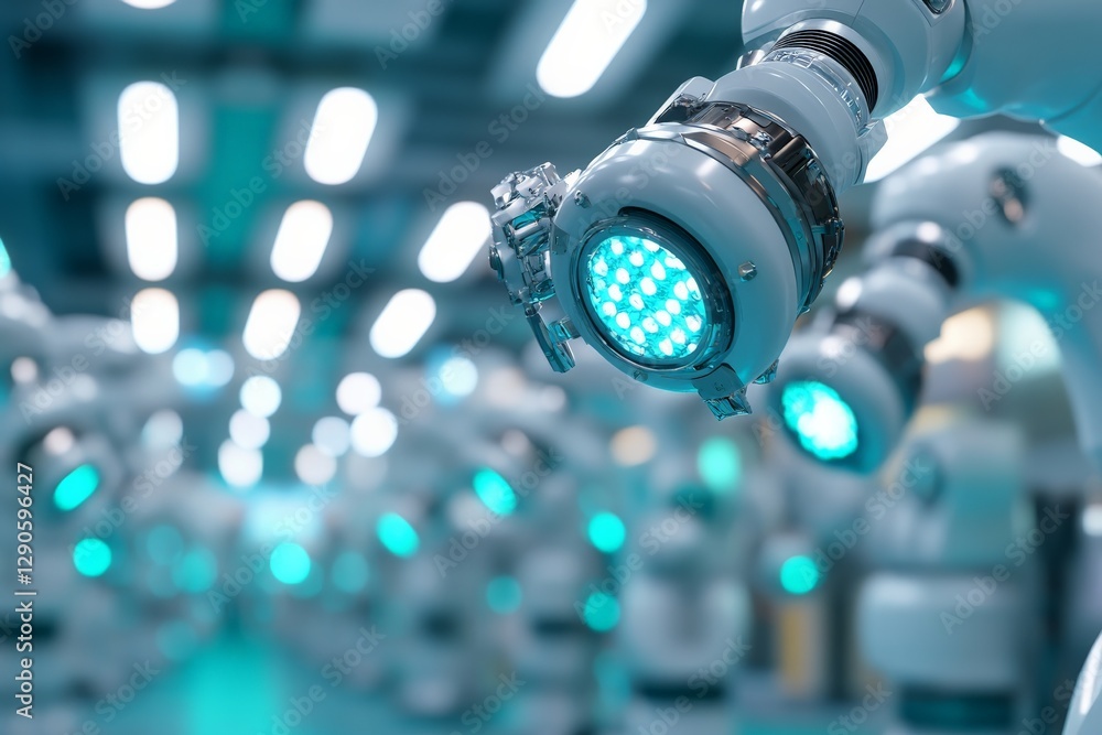 Aufkleber robotic arms with illuminated sensors in a modern industrial automation facility