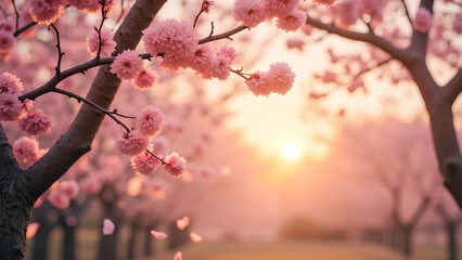 Ein weicher und verträumter Hintergrund mit zartrosa Kirschblüten, die sanft von alten Bäumen fallen. Ein warmer goldener Sonnenuntergang dringt durch die Blütenblätter.KI Generated