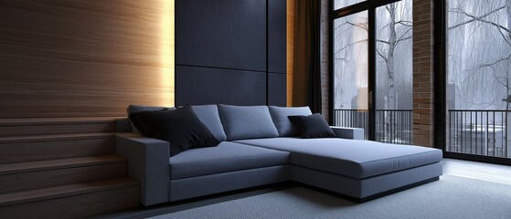 Modern living room with a large window on the right side. the window has a view of a cityscape with buildings and trees.