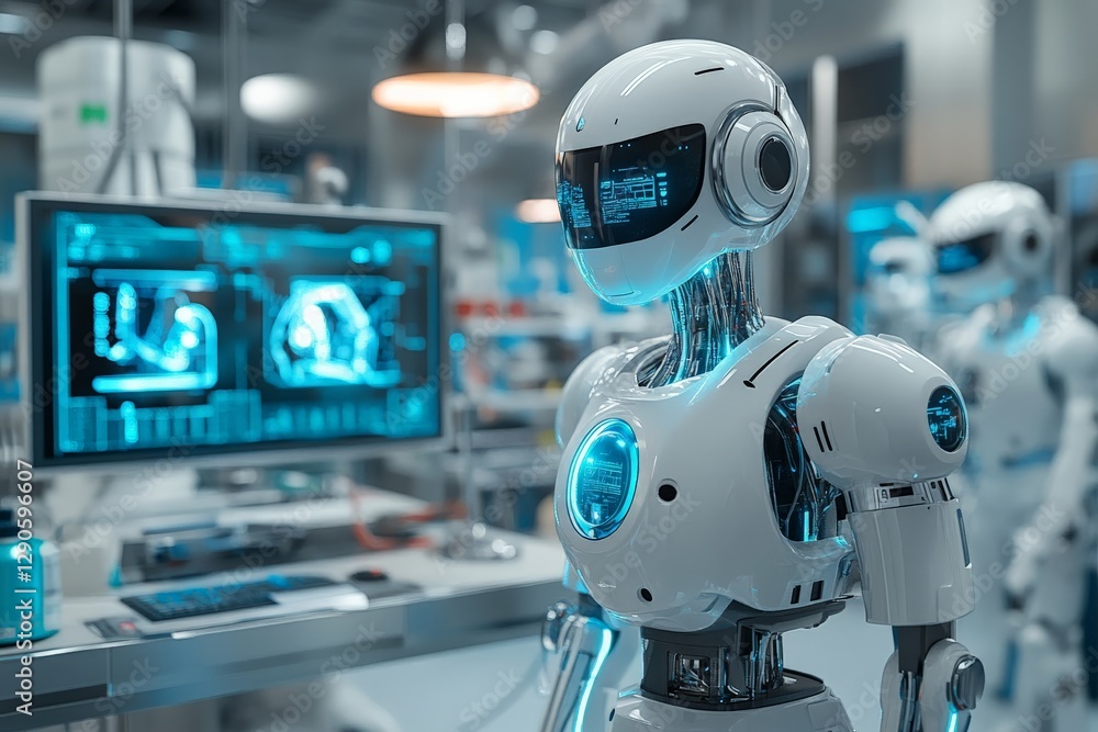 Aufkleber Futuristic robot with glowing features operates in a high-tech laboratory filled with advanced equipment