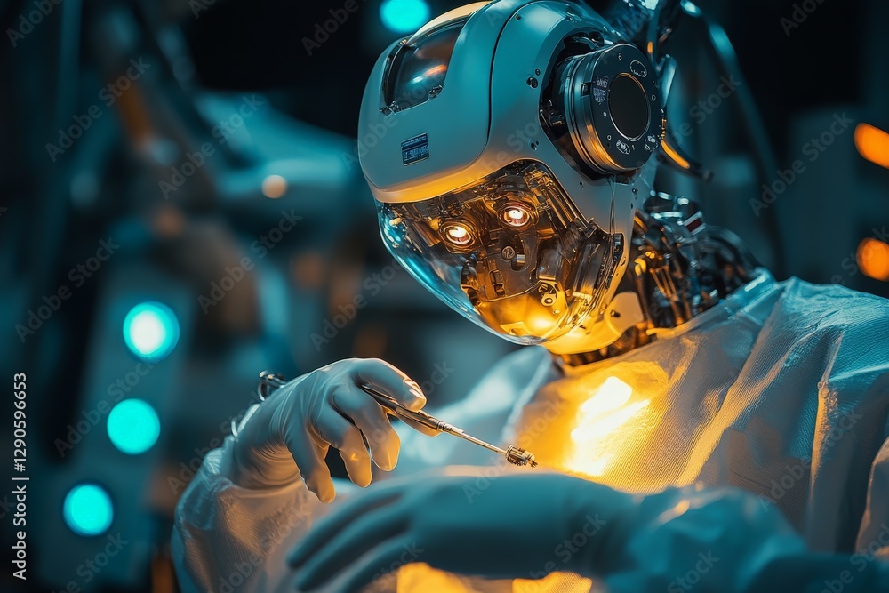 Poster Robot performs advanced surgical procedure in a high-tech operating room during nighttime