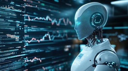 Futuristic Bitcoin economy Futuristic robot analyzing data with glowing interfaces in a modern digital environment.