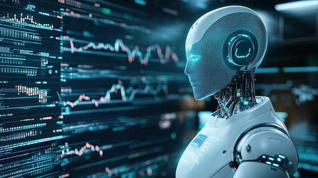 Futuristic Bitcoin economy Futuristic robot analyzing data with glowing interfaces in a modern digital environment. - Powered by Adobe