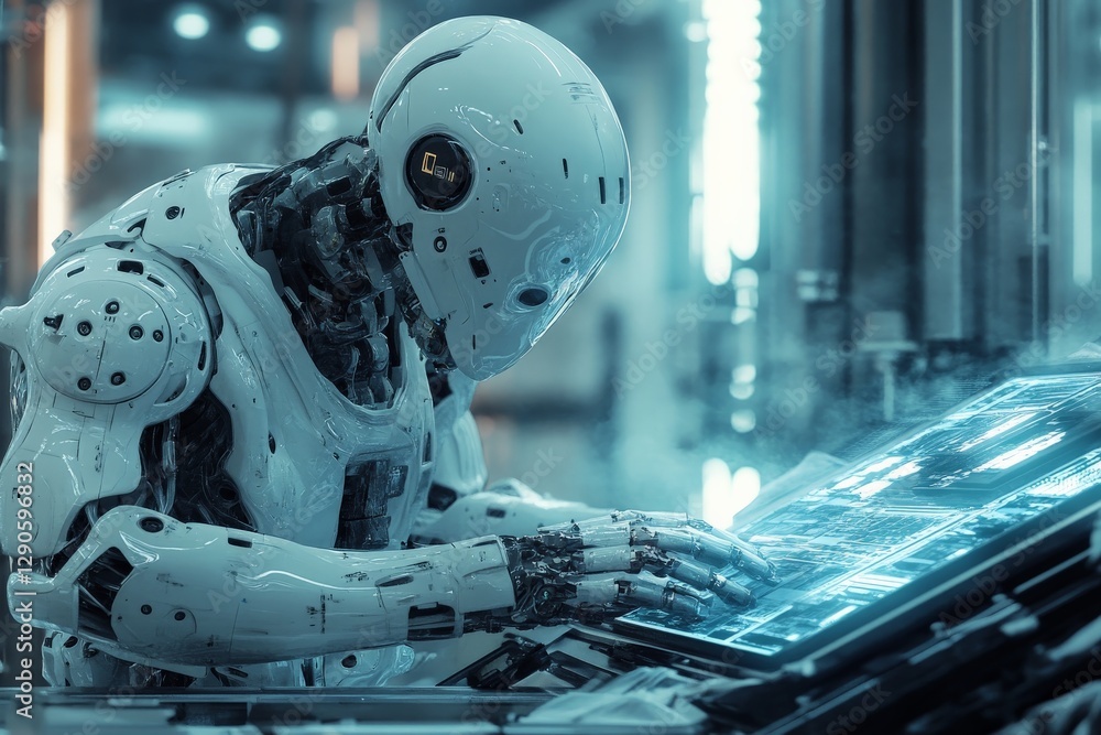 Poster advanced robotic system interacting with futuristic control panel in high-tech laboratory environmen