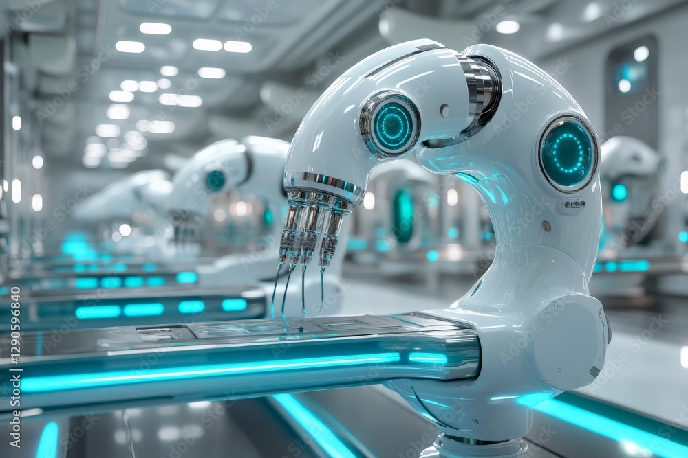 Poster advanced robotic arms working in a futuristic automated manufacturing facility designed for precisio