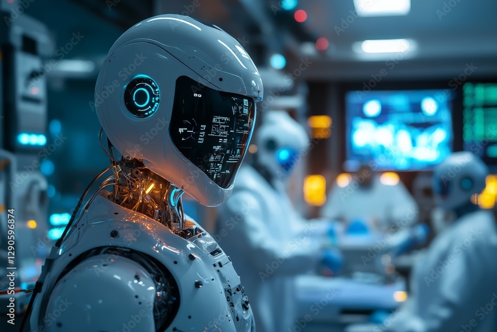 Poster robots working in a modern laboratory focused on technological advancements and innovation