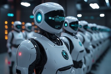 Robots lined up in a futuristic laboratory showcasing advanced technology and innovation in the field of robotics
