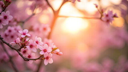 Ein weicher und verträumter Hintergrund mit zartrosa Kirschblüten, die sanft von alten Bäumen fallen. Ein warmer goldener Sonnenuntergang dringt durch die Blütenblätter.KI Generated