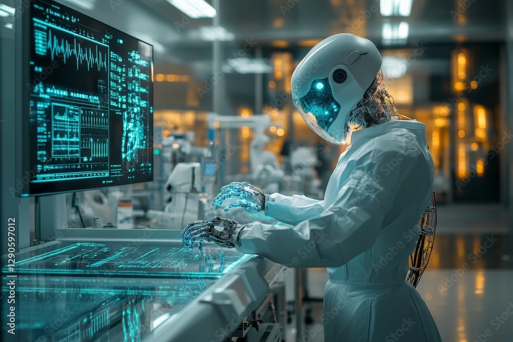 Poster innovative robot performing complex tasks in a futuristic laboratory environment during nighttime