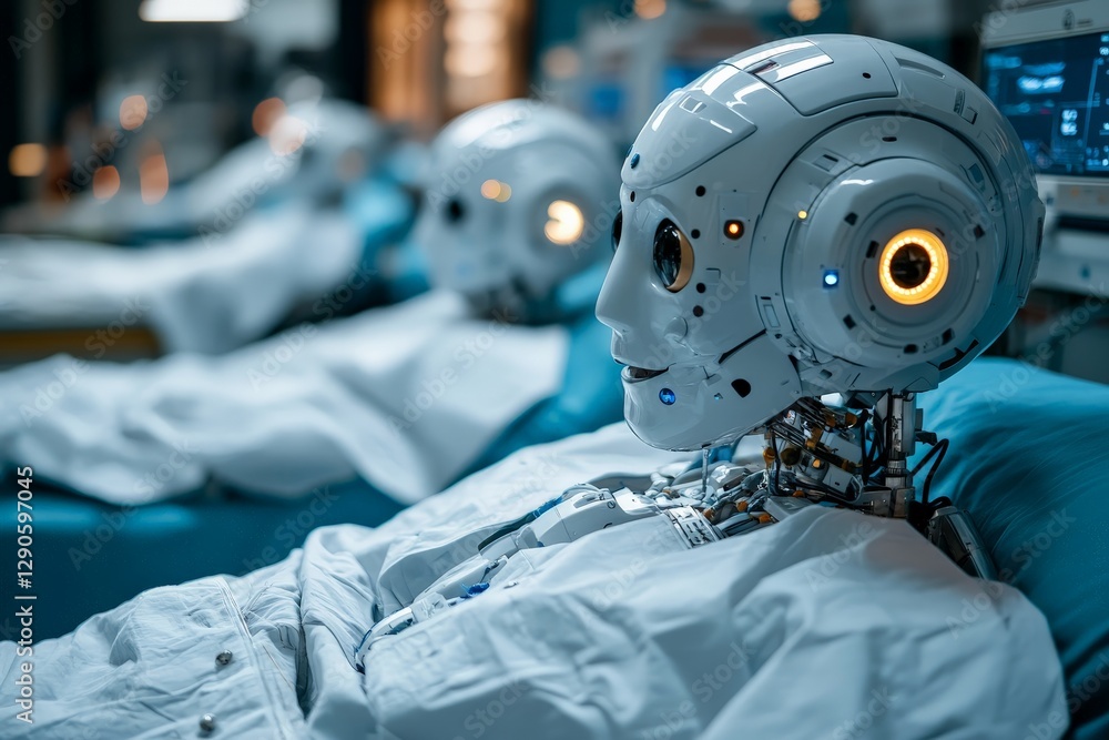 Aufkleber Robots resting in a futuristic medical facility with advanced technology and serene atmosphere during the evening