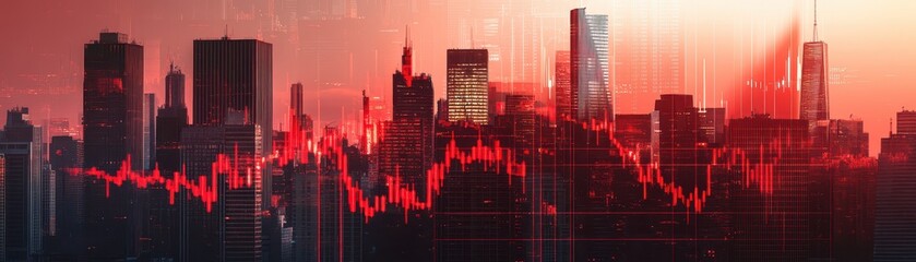 City skyline dissolving into red financial graphs, declining economy theme, economic downturn, financial instability, market crash