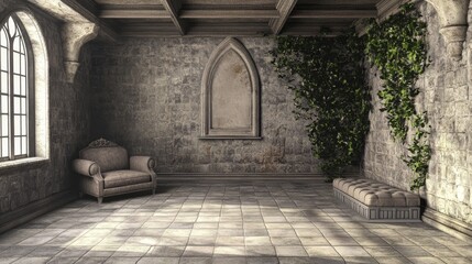 Fototapeta premium Sunlight Filters Through a Large Window Illuminating a Rustic Interior With Stone Walls and Green Vines in a Serene Setting