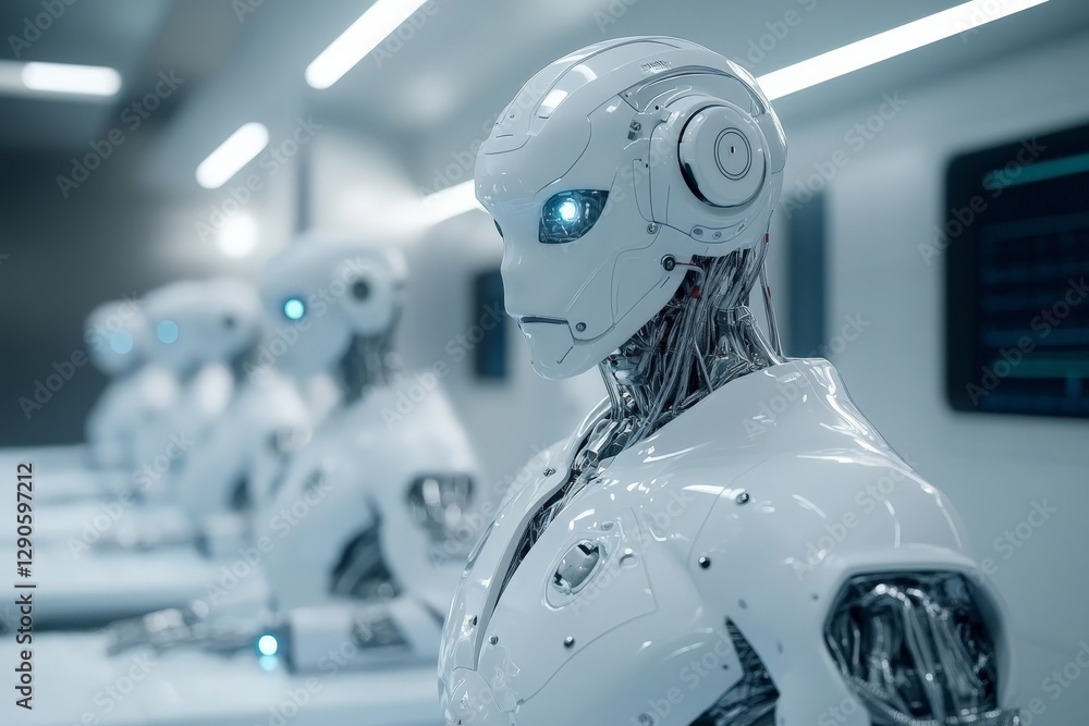 Poster Robots lined up in a futuristic lab showcasing advanced technology and artificial intelligence capabilities