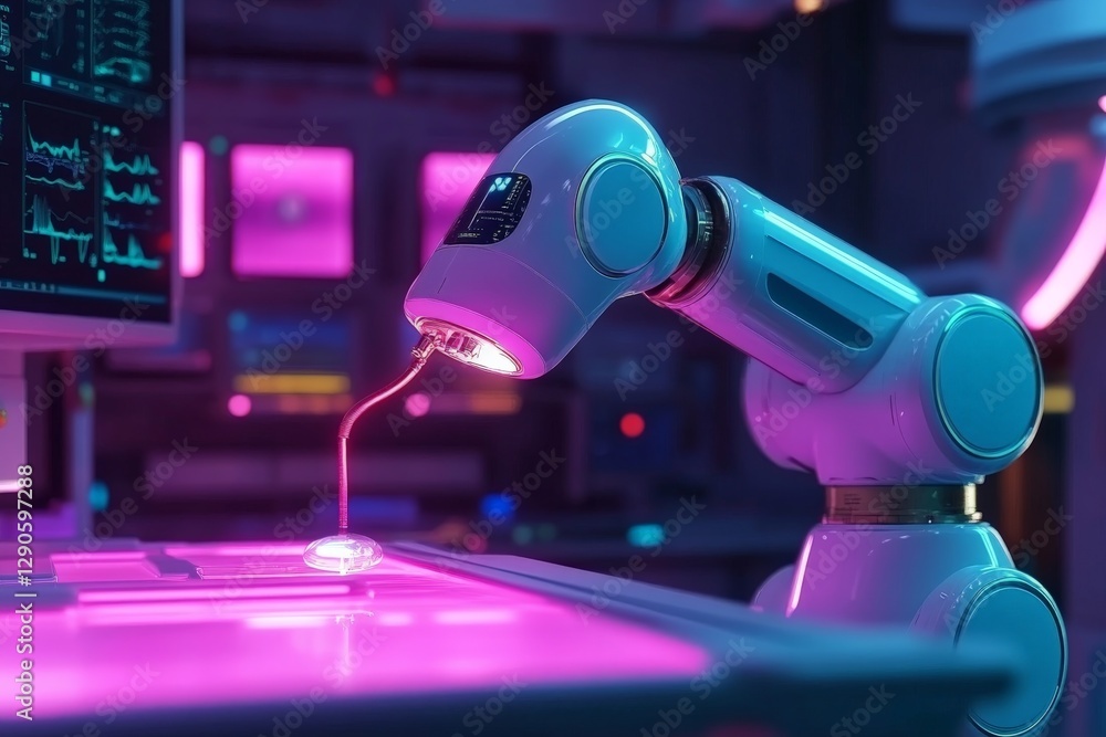 Leinwandbilder Advanced robotic arm performing precision task in a futuristic laboratory filled with vibrant colors and advanced technology