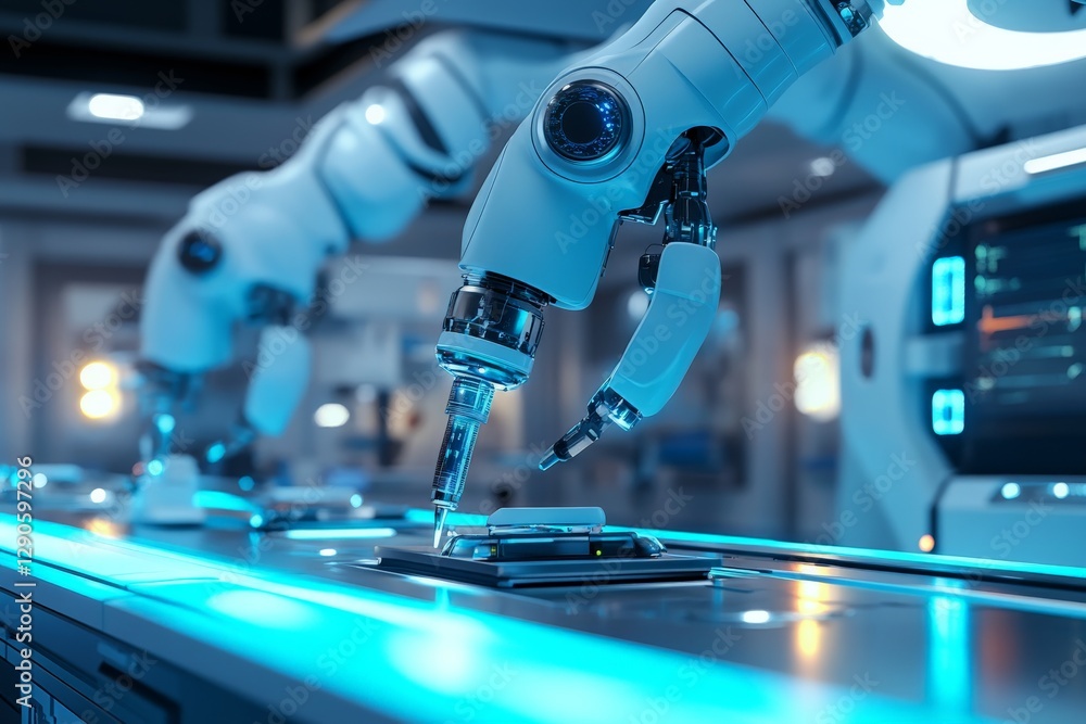 Poster Advanced robotic arms performing precise assembly tasks in a modern manufacturing facility at night