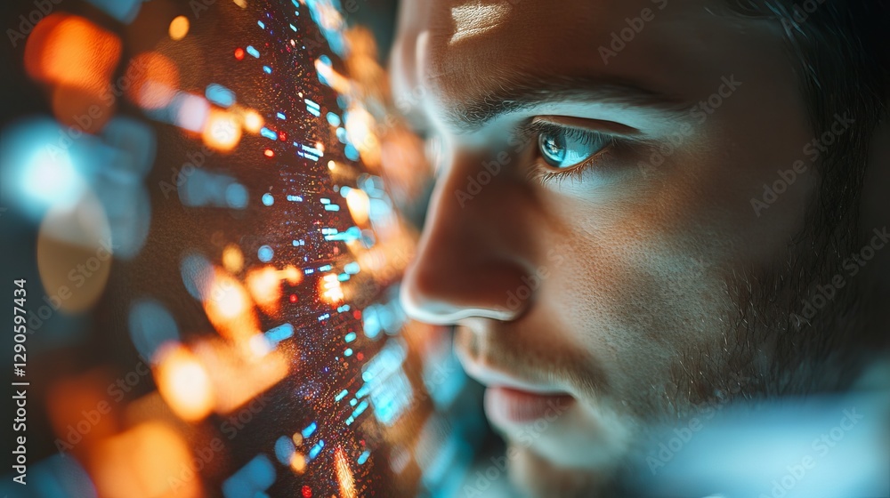 Aufkleber intrigued man gazing at futuristic digital data stream abstract background technology concept modern