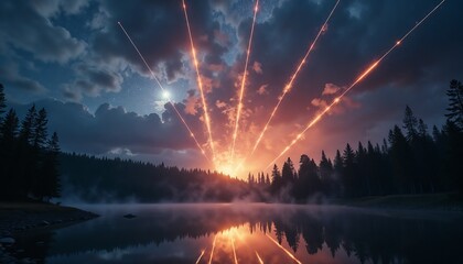 Dramatic meteor storm display over lake and forest at night with reflections